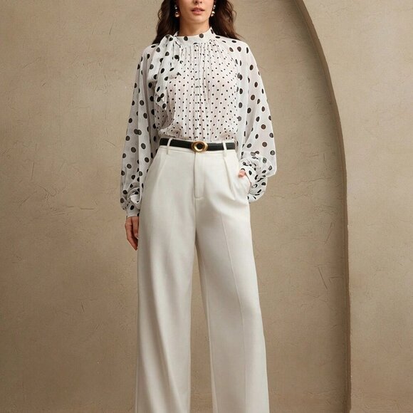Elegant Women's Polka Dot Print Pleated detailed bow Tied stunning Blouse - Picture 5 of 7